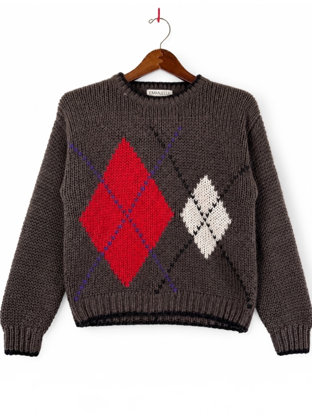 Vintage 80s Evian II Hand Knit Argyle Sweater Brown Red M